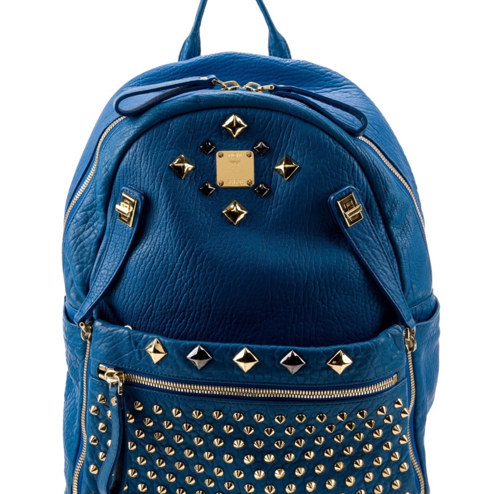 MCM Blue Leather Backpack Gold & Gunmetal Accents Removable Clutch